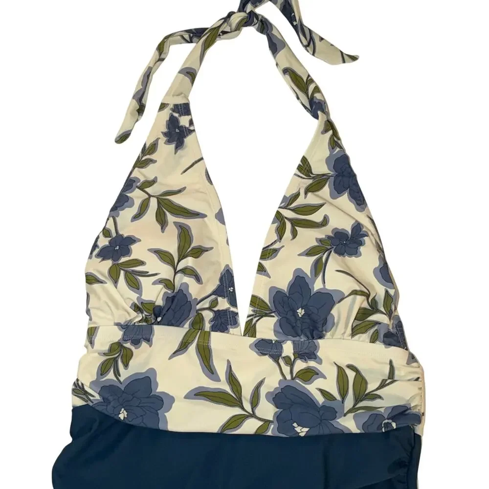 CUPSHE Floral Halter One-Piece Swimsuit Navy Blue Cream NEW Size M D/DD Bust